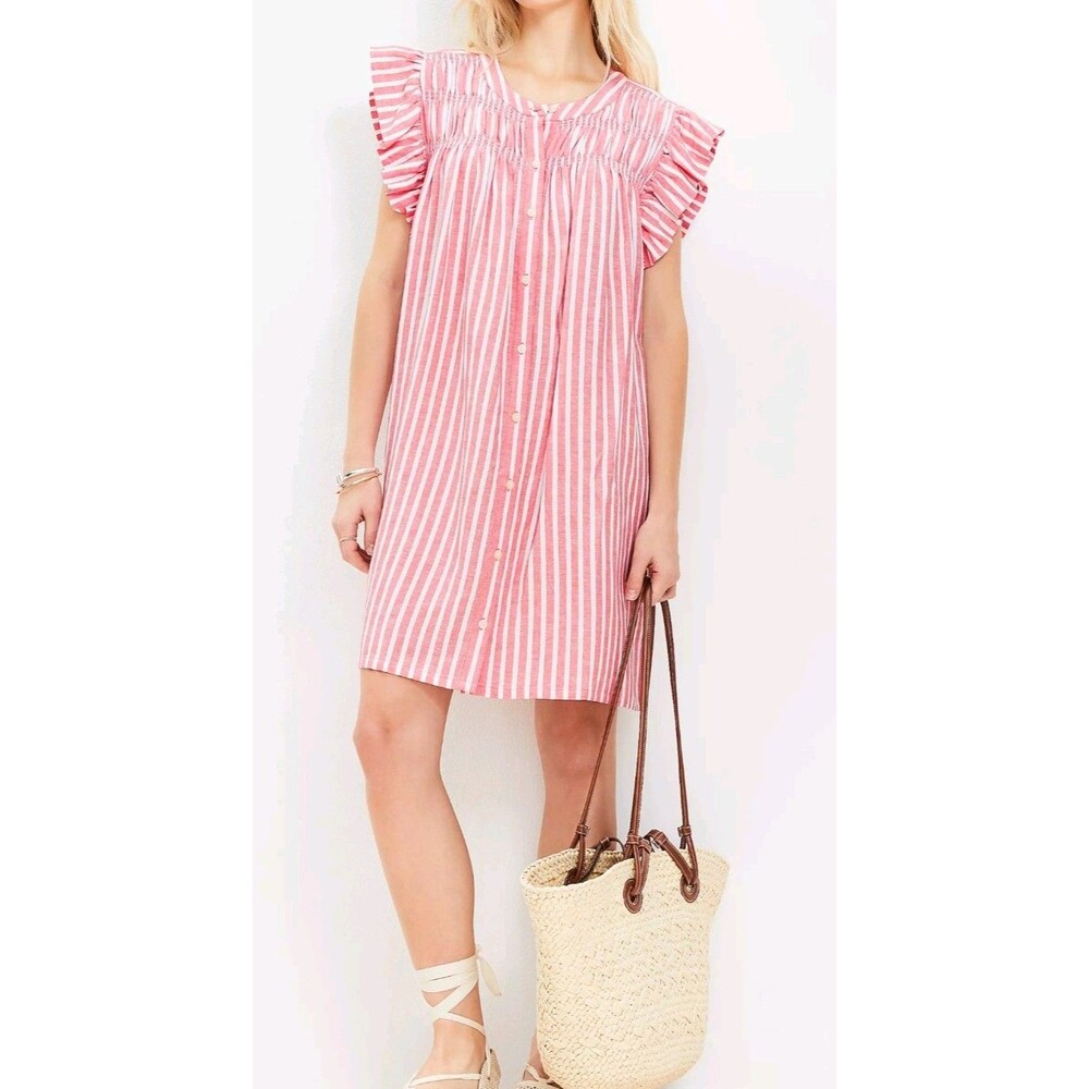 LOFT Mini Dress Coastal Preppy Resortwear Linen Blend Striped Smocked Flutter S
